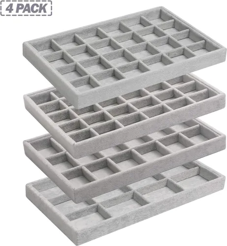 Miniatura 7 de DIOMMELL Juego de 4 bandejas apilables de terciopelo para joyas, caja de almacenamiento de exhibición, soporte para aparador, cajón organizador