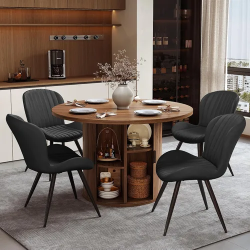 Miniatura 39 de Miereirl Juego de mesa y sillas de comedor moderno redondo, con una mesa de comedor de madera equipada con compartimentos de almacenamiento
