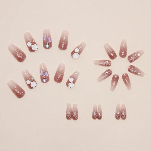 Miniatura 3 de RikView Uñas postizas a presión con forma de ataúd, uñas acrílicas largas con flores 3D, uñas postizas rosadas brillantes para mujeres, juego de 24