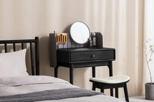 Miniatura 7 de URFORESTIC Taburete de tocador de madera de roble, moderno taburete de maquillaje con superficie de asiento cóncavo, capacidad de 300 libras, fácil