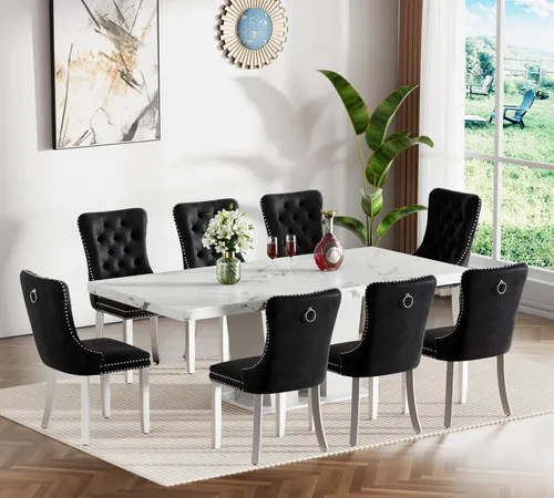 Miniatura 11 de Henf Juego de mesa de comedor extensible de 7 piezas para 6, 160 cm-200 cm Mesa de cocina extensible de grano de mármol blanco con 6 sillas Blanco
