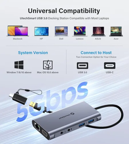 Miniatura 5 de UtechSmart Estación de acoplamiento USB, 11 en 1 USB C Dock triple pantalla, estación de acoplamiento USB 3.0 para laptop con doble HDMI, VGA, PD