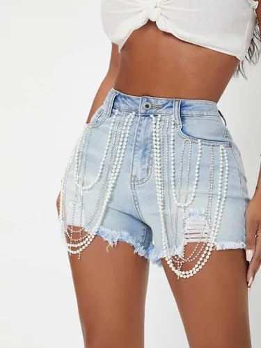 Miniatura 3 de Verdusa Pantalones cortos de mezclilla con cuentas de perlas de diamantes de imitación para mujer