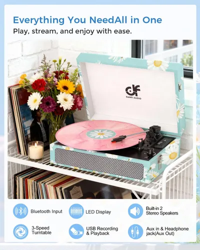 Miniatura 5 de Tocadiscos de vinilo Bluetooth con altavoces integrados, tocadiscos portátil vintage de 3 velocidades con auriculares de grabación USB/conector