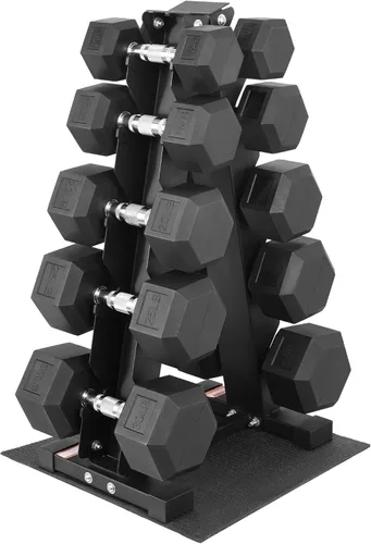 Fitvids Juego de mancuernas hexagonales recubiertas de goma con estante de almacenamiento, juego de pesas de mano de 100/150/200/550 libras con