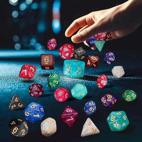 Miniatura 8 de QMay Juego de dados DND 10x7 (70 piezas) Dados poliédricos para mazmorras y dragones D&D RPG MTG Juegos de rol con 1 bolsa con cordón