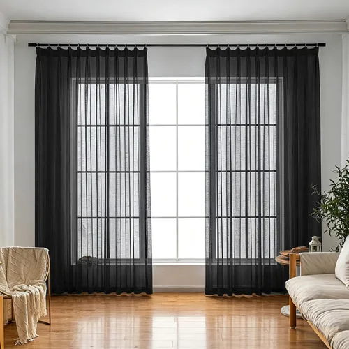 Cortinas plisadas negras traslúcidas de 84 pulgadas de largo, 2 paneles para dormitorio, lino texturizado, ganchos transparentes para pista de