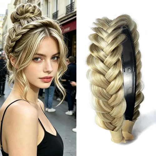 Miniatura 16 de Diadema ancha trenzada para el cabello, accesorios para el cabello, banda elástica antideslizante para mujeres y niñas (amarillo claro)
