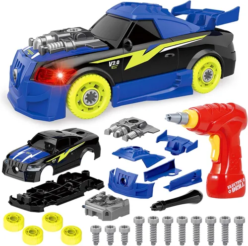 Coogam Auto de carreras desmontable con herramienta de destornillador eléctrico, juguete de habilidad motora fina, juego de construcción de