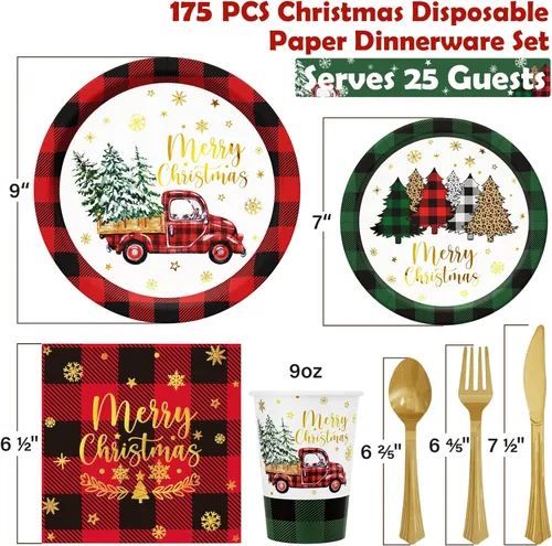 Miniatura 2 de Suministros de decoración de fiesta de Navidad - 175 piezas de juego de vajilla desechable de Navidad (25 invitados) con camión a cuadros de búfalo