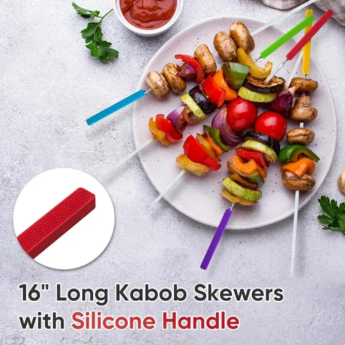 Miniatura 3 de Brochetas de parrilla con mango de silicona, brochetas de kebab de 16 pulgadas de largo, paquete de 10 pinchos planos reutilizables de acero
