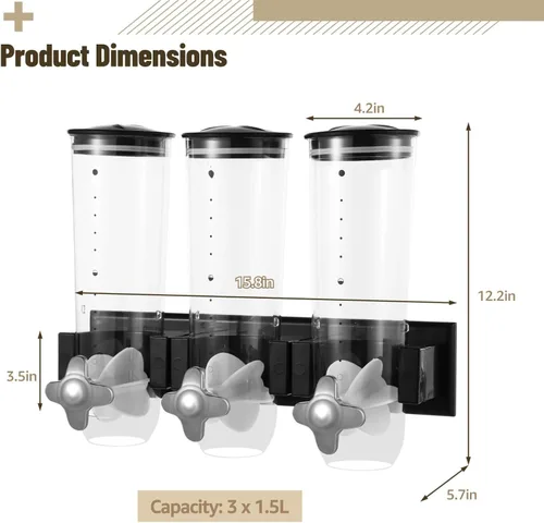Miniatura 6 de Dispensador de pared de 3 cabezales, dispensador grande de alimentos secos de 4.5L, dispensador de cereales y dispensador transparente, recipiente