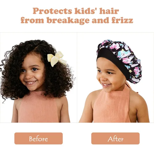 Miniatura 3 de 4 gorros de seda para dormir, gorros de satén para niñas, gorro de dormir de satén para cabello rizado natural y banda ancha elástica
