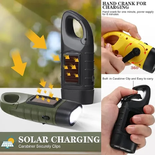 Miniatura 8 de Emblem OD linterna solar con manivela, linterna de emergencia recargable LED para supervivencia con dinamo, manivela y clip de mosquetón. Recargable