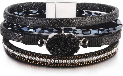 Miniatura 300 de FANCY SHINY - Pulsera de cuero estilo bohemio, pulsera de cuentas de cristal con cierre magnético, regalos de joyería para mujer