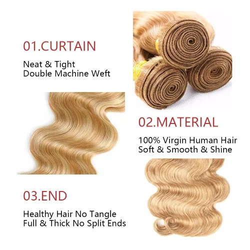 Miniatura 3 de Mechones resaltados P27/613, ondas corporales, rubio, 3 mechones de cabello humano brasileño sin procesar, virgen, extensiones de cabello