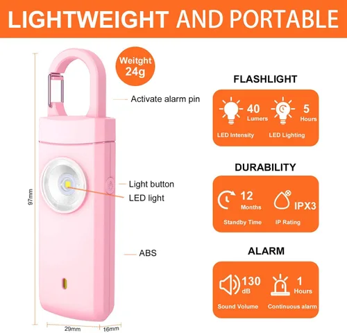 Miniatura 2 de FA FIGHTART Alarma de seguridad personal para mujeres, luz de sirena fuerte, recargable, para estudiantes, niños, niñas, ancianos, niños (rosa)