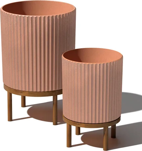 Miniatura 32 de Veradek Demi Series - Maceta redonda con soporte para porche o patio, compuesto de piedra de plástico duradero y soporte de madera, decoración