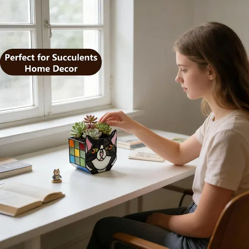 Miniatura 7 de Macetas Tiffany Lindas con Gatos de Vidrio Manchado, Para Plantas de Interior y Exterior, Maceta de Plantas con Gato Negro, Portavelas Contenedor
