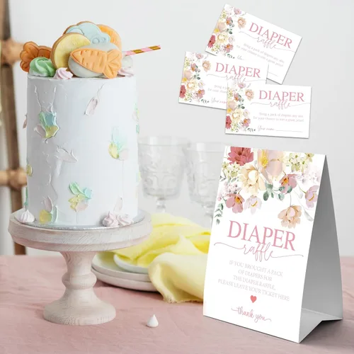 Miniatura 4 de Juego de rifas de pañales florales para baby shower, flores de acuarela, 1 letrero de pie y 50 boletos de raftel de pañales, anuncio de bebé