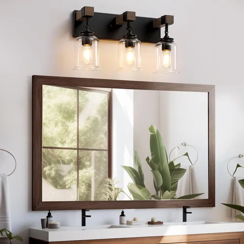 Miniatura 2 de VbiTmn Lámparas de Baño Estilo Granja, Lámpara de Tocador de Baño de 3 Luces Negro Mate, Estilo Industrial con Pantallas de Vidrio Transparente