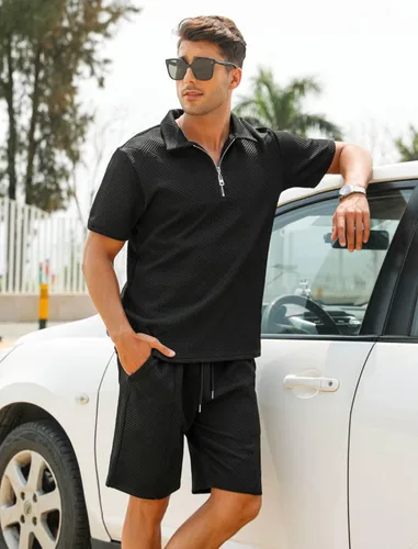 Miniatura 3 de EISHOPEER Conjunto de camisa polo y pantalón corto para hombre, trajes de verano a la moda con cremallera para hombre, manga corta, 2 piezas