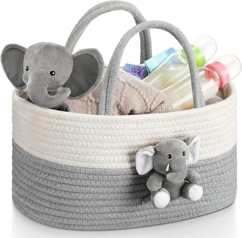Miniatura 7 de FoldTier Organizador de pañales de elefante, carrito de almacenamiento para guardería, con asa, cesta de baby shower, regalo de baño de bebé
