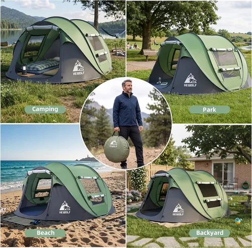 Miniatura 6 de Hewolf Tienda de campaña desplegable para 2/4 personas, fácil instalación instantánea, impermeable, tienda familiar automática para camping