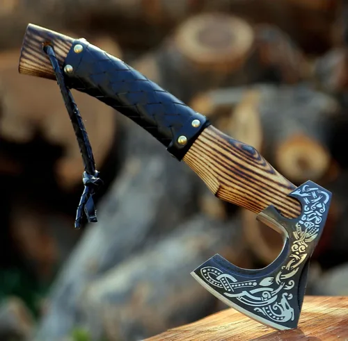 Miniatura 9 de Hacha vikinga decorativa - Regalo único para papá Hoja de acero al carbono con mango de cuero perfecto para bushcraft o exhibición (SCA-16)