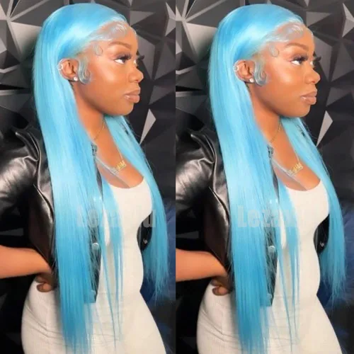 Miniatura 9 de Pelucas de encaje frontal color azul con encaje frontal, peluca para usar y llevar, sin pegamento, pelucas de cabello largo y lacio, pelucas