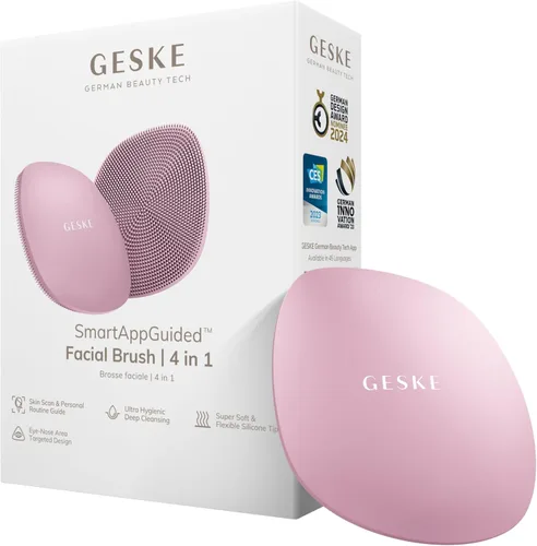 GESKE SmartAppGuided™ Cepillo facial | 4 en 1 | Cepillo de limpieza facial profesional | Cepillo facial de silicona para limpieza de la piel | Rosado