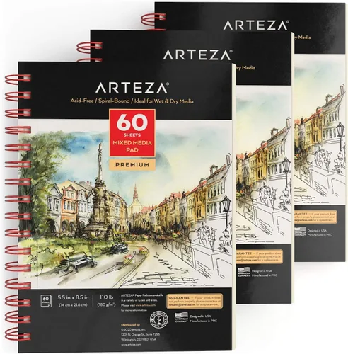 Miniatura 9 de ARTEZA Cuaderno de bocetos de medios mixtos, 9 x 12 pulgadas, paquete de 2, 60 hojas encuadernadas en espiral, papel sin ácidos de 110 libras