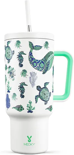 Miniatura 14 de Meoky Vaso de 40 onzas que brilla en la oscuridad con asa y popote, vaso con tapa y pajita, vaso aislado de acero inoxidable para viaje, 100% a