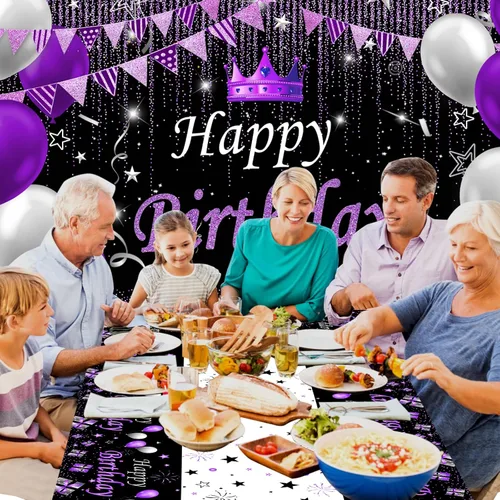 Miniatura 7 de Decoraciones de fiesta moradas y negras para mujeres, decoraciones de cumpleaños moradas para niñas y hombres con mantel de fondo de feliz