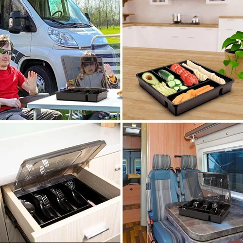 Miniatura 4 de Bandeja para cubiertos con tapa, organizador de cajones para utensilios de cocina, organizador de cubiertos de plástico para encimera de cocina