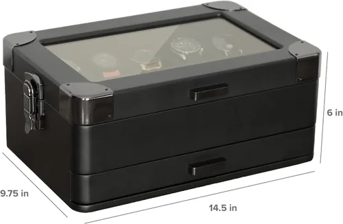Miniatura 3 de CASE ELEGANCE Black Edition - Caja de reloj militar con 10 ranuras para hombres, parte superior de cristal real, bandeja modular de valet
