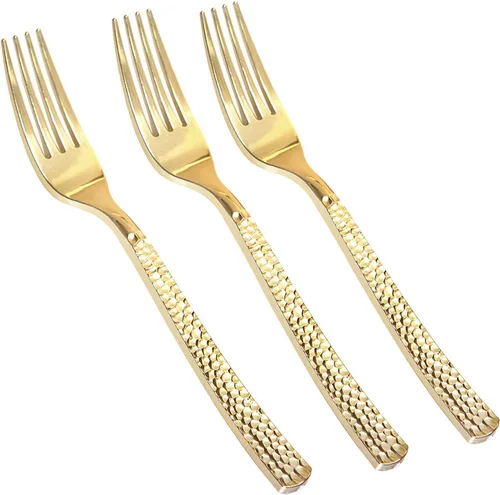 Supernal 300 tenedores de plástico dorado, tenedores martillados desechables, cubiertos pesados de primera calidad pulidos, perfectos para fiestas