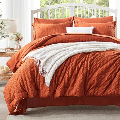 Zzlpp Juego de edredón King de 7 piezas, ropa de cama de seersucker naranja quemado en una bolsa con sábanas, juegos de ropa de cama ligeros con 1