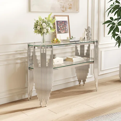 Miniatura 14 de Moderna mesa consola de cristal plateado, mesa de sofá estrecha para entrada con estantes de almacenamiento de 2 niveles para pasillo, espacio