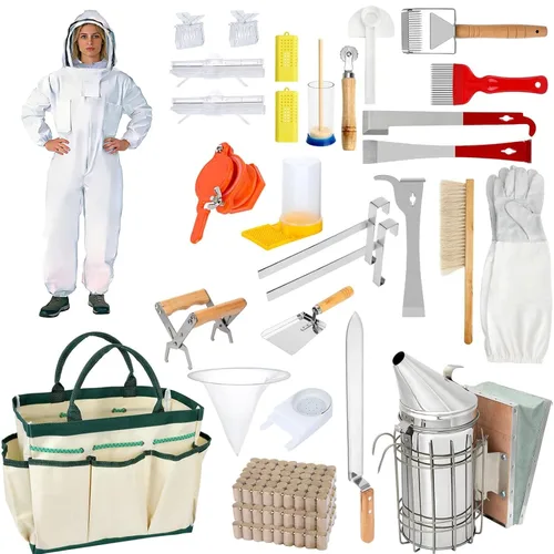 Suministros de apicultura, kit de inicio de 30 piezas de abeja con traje de abeja, suministros de mantenimiento de abejas, todas las herramientas de