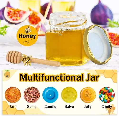 Miniatura 5 de Aliggbent - Paquete de 48 tarros de miel pequeños para fiestas, 42 g, hexagonales, con cucharas, tapas doradas, amuletos de abeja, bolsas de regalo