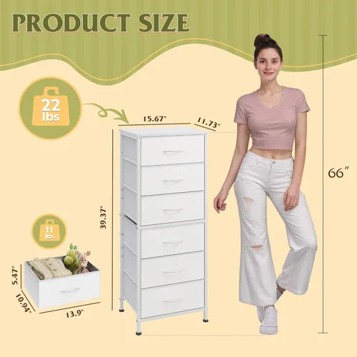 Miniatura 3 de WLIVE - Cómoda alta blanca para dormitorio, 6 cajones y cómodas, cómoda de tela para armario, sala de estar, mesa de noche con marco de metal, torre