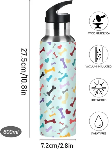 Miniatura 9 de BPA-Free Sport Water Bottle Insulated 20 Oz, Stainless Steel Vacuum Insulated Water Bottle for Gym Outdoor Travel School, Colorful Dog Bone Heart