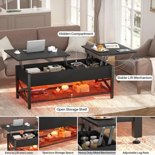 Miniatura 4 de Aheaplus Mesa de Centro Elevable Negra con Luz LED, Tomas de Corriente y Estante de Almacenamiento, 41.7"An x 19.69"L x 19.7"Al