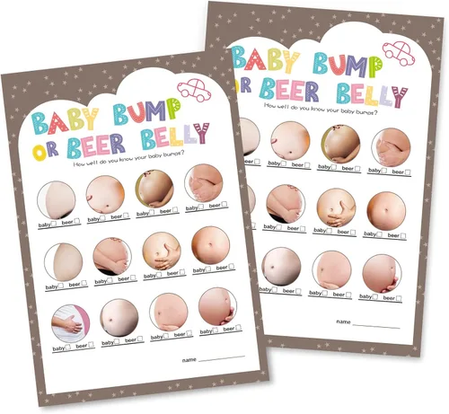 OLOUTAB Juegos de Baby Shower para Niño o Niña - Juego de Vientre de Cerveza o Barriga de Bebé (50 Tarjetas), De Género Neutral, Papel Grueso,