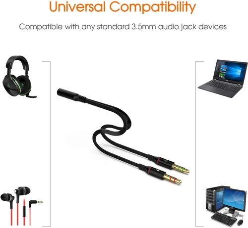 Miniatura 6 de Maeline Adaptador de auriculares para computadora de 0.138 in hembra a 2 doble cable divisor de audio macho de 0.138 in, micrófono, conector