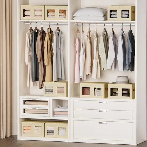 Miniatura 6 de Homsorout Contenedores grandes de almacenamiento para armario, organizador de ropa plegable dividido con tapas y doble ventana, contenedores Beige