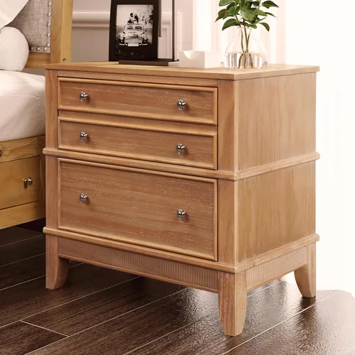 Miniatura 10 de Mesita de noche de madera de granja con 3 cajones de almacenamiento, mesa auxiliar con bandeja extraíble, moderna mesa auxiliar de madera