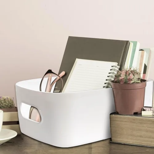 Miniatura 7 de Paquete de 8 contenedores y cestas de almacenamiento de plástico, contenedores de almacenamiento blancos para cocina, baño, oficina, organizador