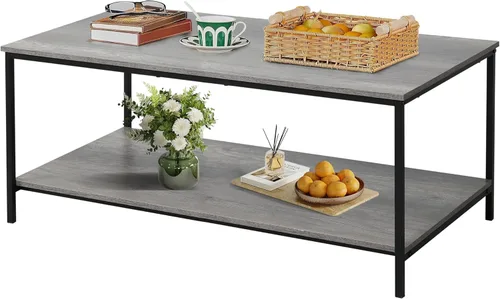 Miniatura 10 de SENIG Mesa de café de 2 niveles con estante de almacenamiento para espacios pequeños, mesa auxiliar rectangular de madera de roble gris y metal